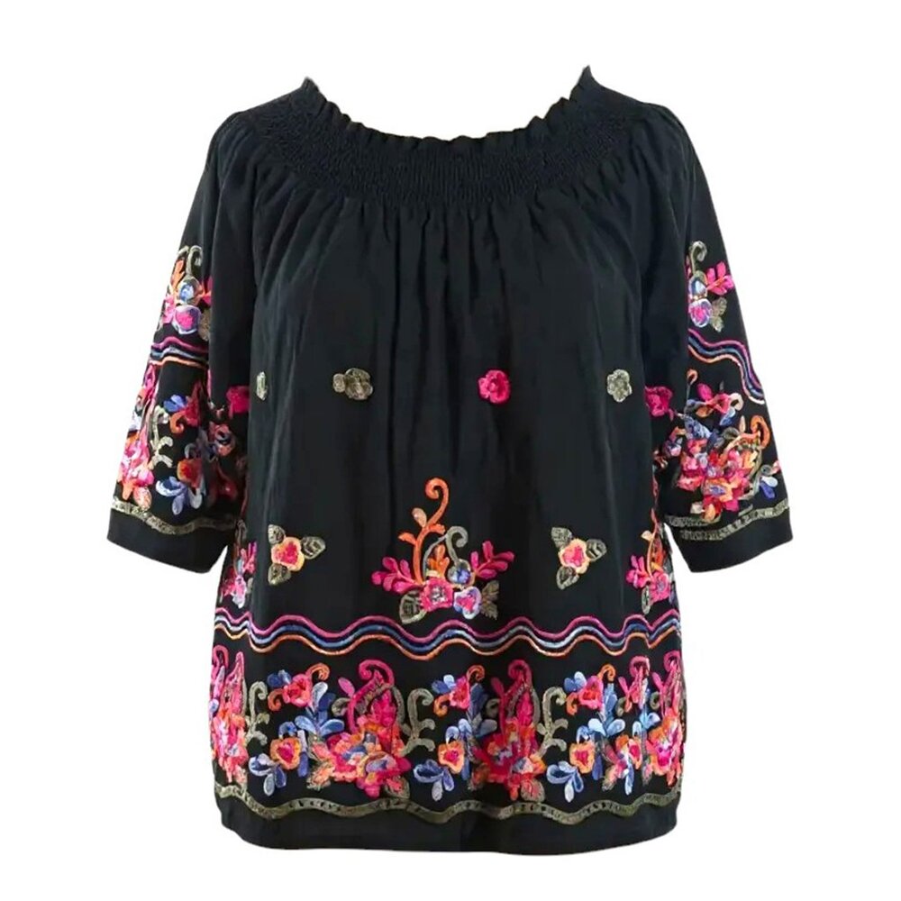 NWT Studio West Top Embroidered Floral Boho Peasant Folk Dark Cottage Black XXL